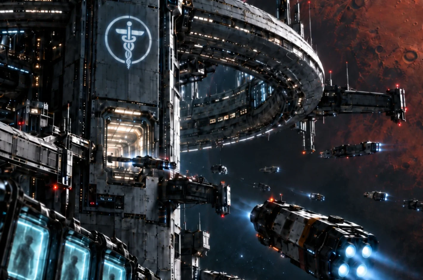 A futuristic orbital station and spacecraft near a rust-red planet