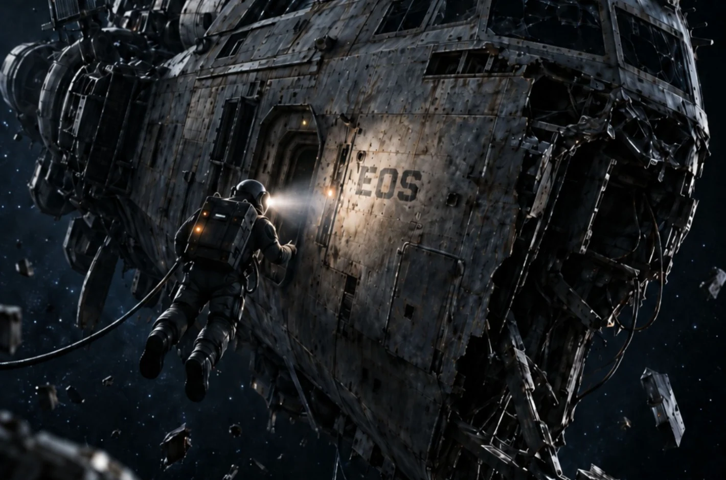 A damaged spacecraft hull discovered by an astronaut