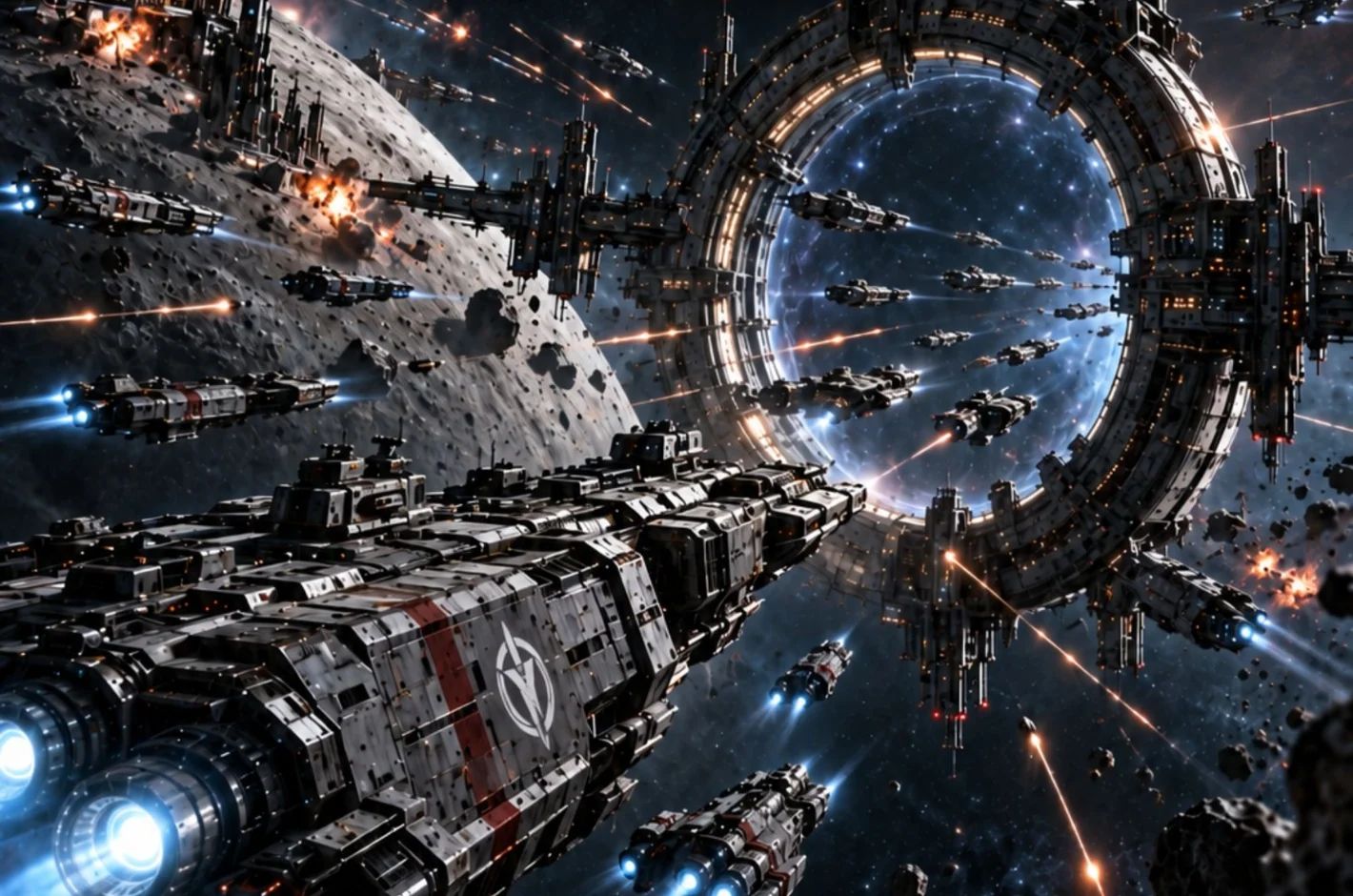 Large ring-shaped space structure and many spacecraft moving through a battle