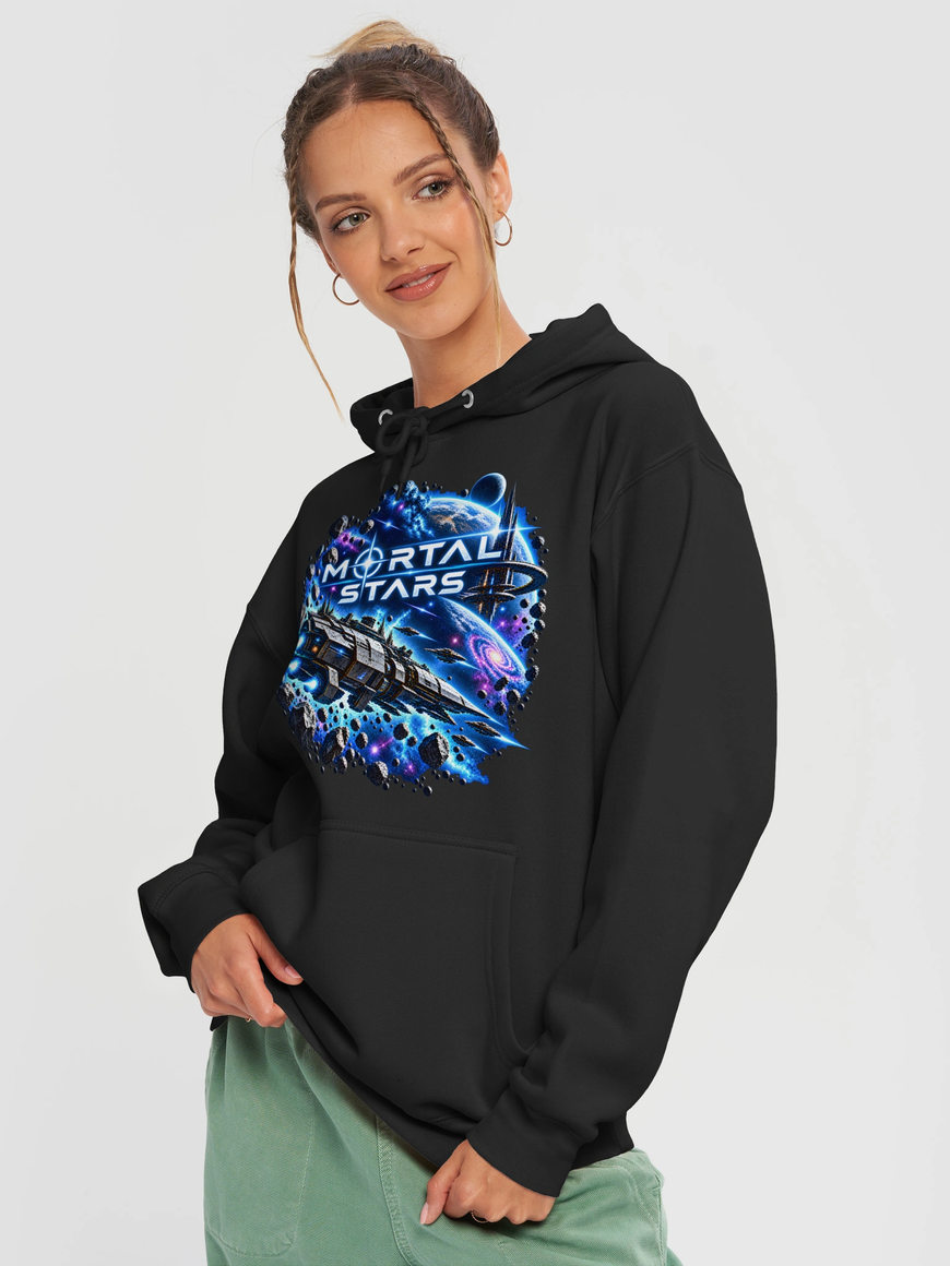 Black Mortal Stars hoodie with colorful Cosmic Cruiser illustration worn by a model