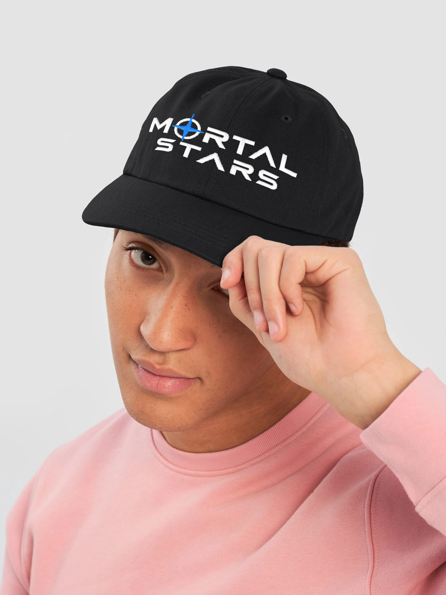 Black baseball cap featuring embroidered white and blue Mortal Stars logo
