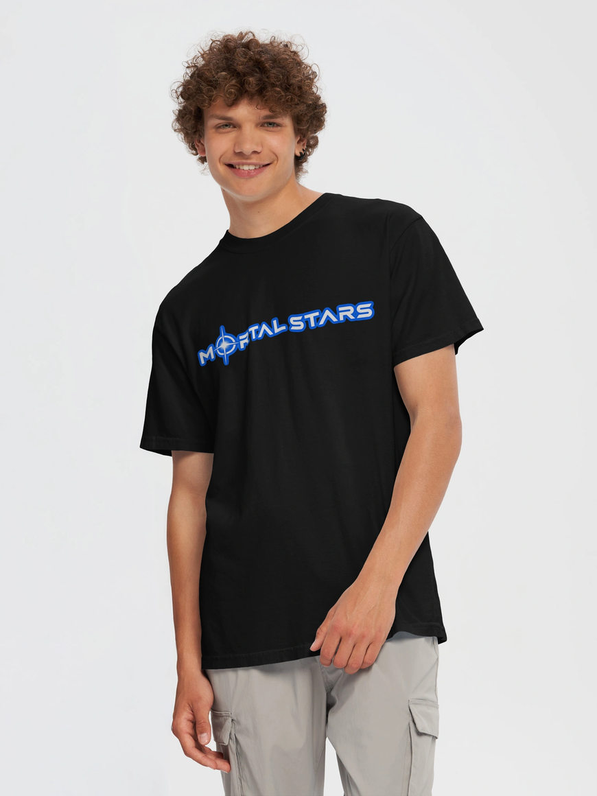 Model wearing a black T-shirt with blue Mortal Stars logo