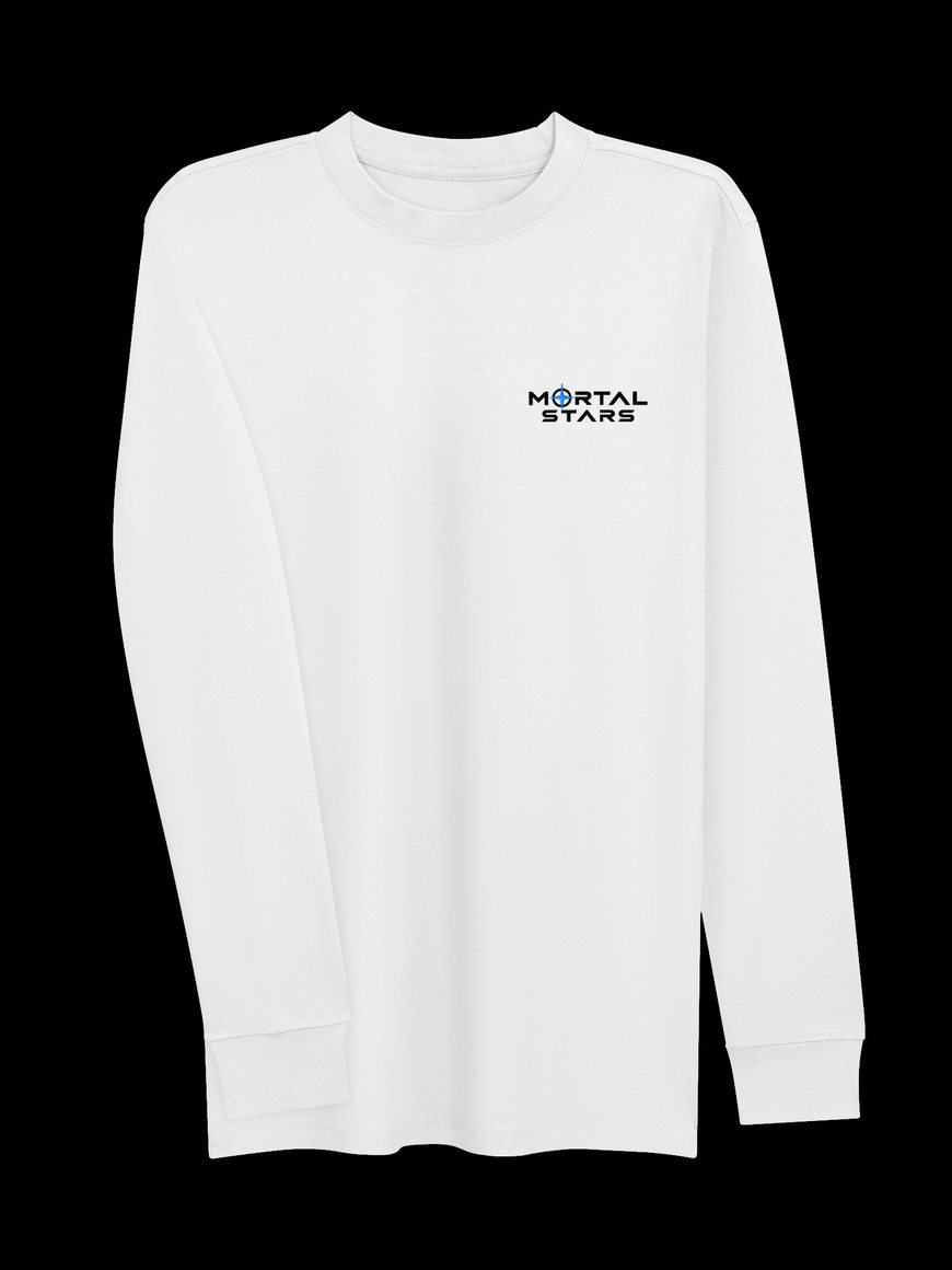 White long-sleeved shirt with small black and blue Mortal Stars logo