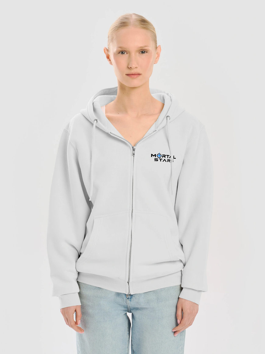 Model wearing a white zip hoodie with small Mortal Stars chest logo